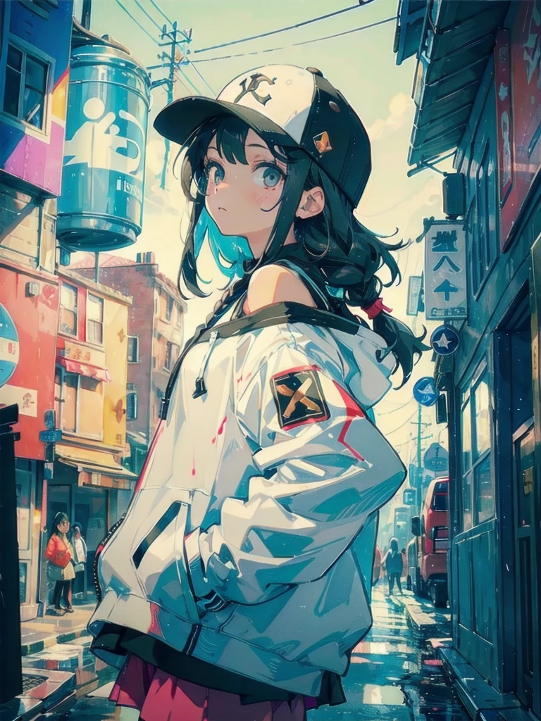 1girll,Back shadow splatter,paint splatter Sweatshirt,An off-the-shoulder garment,baseball cap,Alchemy Laboratory,the mystery of unknown territories,Put your hands in your pockets,random colorful long hair,Shoulder-length hair,Black eyes,Game scene graph, raining street background
