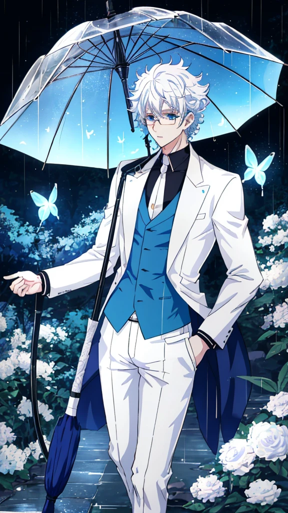 a handsome and sexy boy with blue eyes, curly white hair, round glasses with black bottoms, named "GOJO SATORU" is standing in the falling rainwater while holding an umbrella, with the effect of . 8k realistic HDR and a collection of bright blue butterflies.