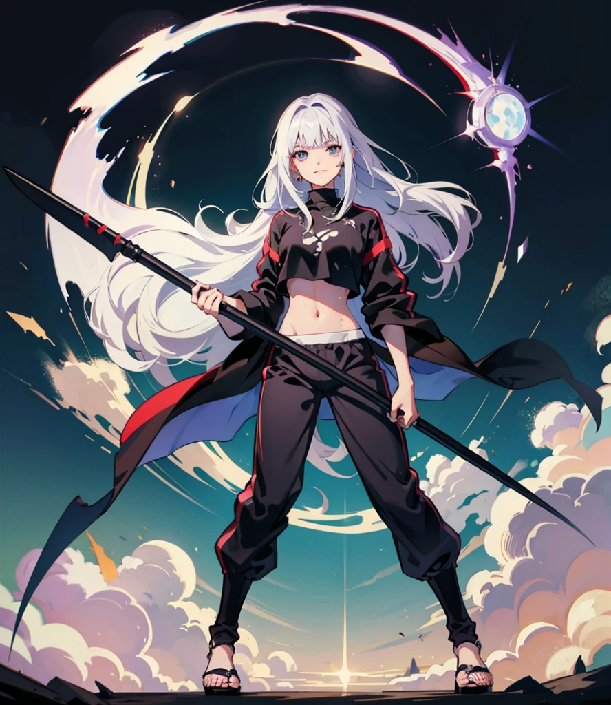 (absurderes、hight resolution、Ultra-detail)、​masterpiece、top-quality、Girl  with a scythe
Gray hair, straight long hair, blunt straight bangs, straight long side bangs, purple gray left eye, red rose right eye, she has heterochromia,  left and right eye is different coloured, eyes has two different iris color、solo、 eye and detailed face、((Joggers、sweat pant、sandal))、Sickle design、Complex scythe、Fantasy scythe、evil smile、Dramatic skies、Isolated land、looking-down、spark of light、whirlpool、Um ser celestial、Full of elements