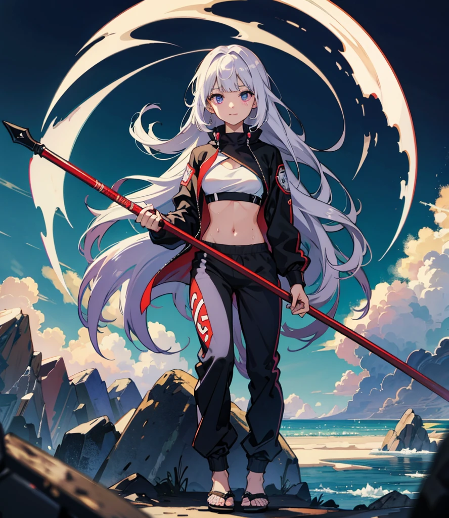 (absurderes、hight resolution、Ultra-detail)、masterpiece、top-quality、Girl with a scythe
Gray hair, straight long hair, blunt straight bangs, straight long side bangs, purple gray left eye, red rose right eye, she has heterochromia, left and right eye is different coloured, eyes has two different iris color、solo、 eye and detailed face、((Joggers、sweat pant、sandal))、Sickle design、Complex scythe、Fantasy scythe、evil smile、Dramatic skies、Isolated land、looking-down、spark of light、whirlpool、Um ser celestial、Full of elements
