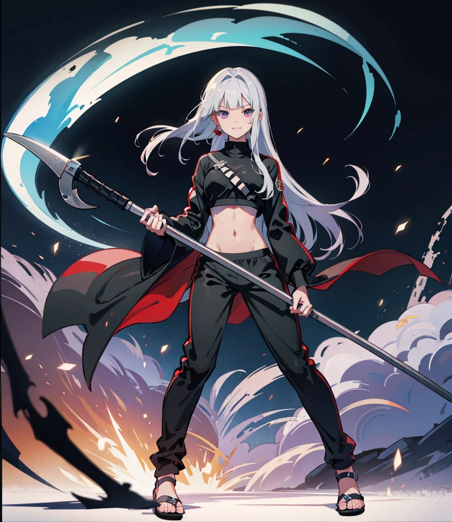 (absurderes、hight resolution、Ultra-detail)、​masterpiece、top-quality、Girl  with a scythe
Gray hair, straight long hair, blunt straight bangs, straight long side bangs, purple gray left eye, red rose right eye, she has heterochromia,  left and right eye is different coloured, eyes has two different iris color、solo、 eye and detailed face、((Joggers、sweat pant、sandal))、Sickle design、Complex scythe、Fantasy scythe、evil smile、Dramatic skies、Isolated land、looking-down、spark of light、whirlpool、Um ser celestial、Full of elements