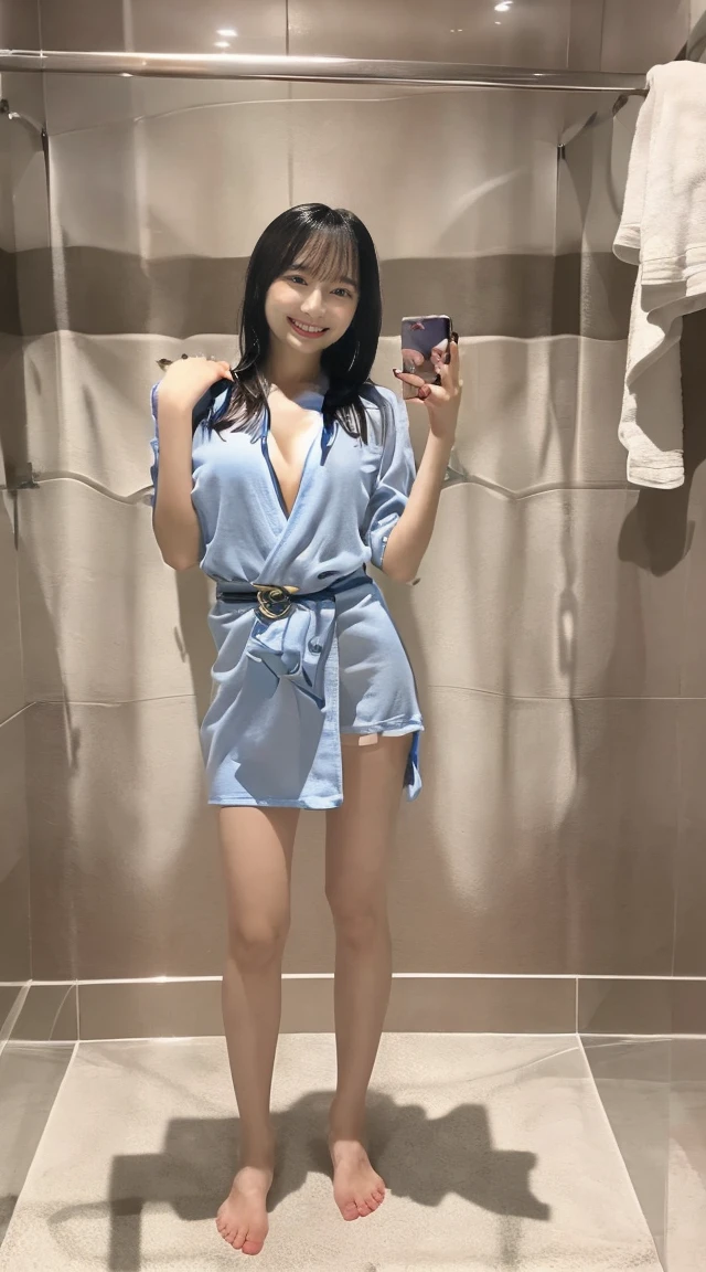 (8K、RAW Photos、Highest quality、masterpiece:1.2)、(Realistic、Photorealistic)、1 Girl、((naked、bath towel、Wet body、Wet Hair、I can see your feet、Stand with hands on hips、shower room、belt、Big Breasts、こちらを向いてsmile、Stand with your feet apart、、Lots of eyelashes、Add shine to your eyelids、skeletally correct、smile、Stand with hands on hips、
