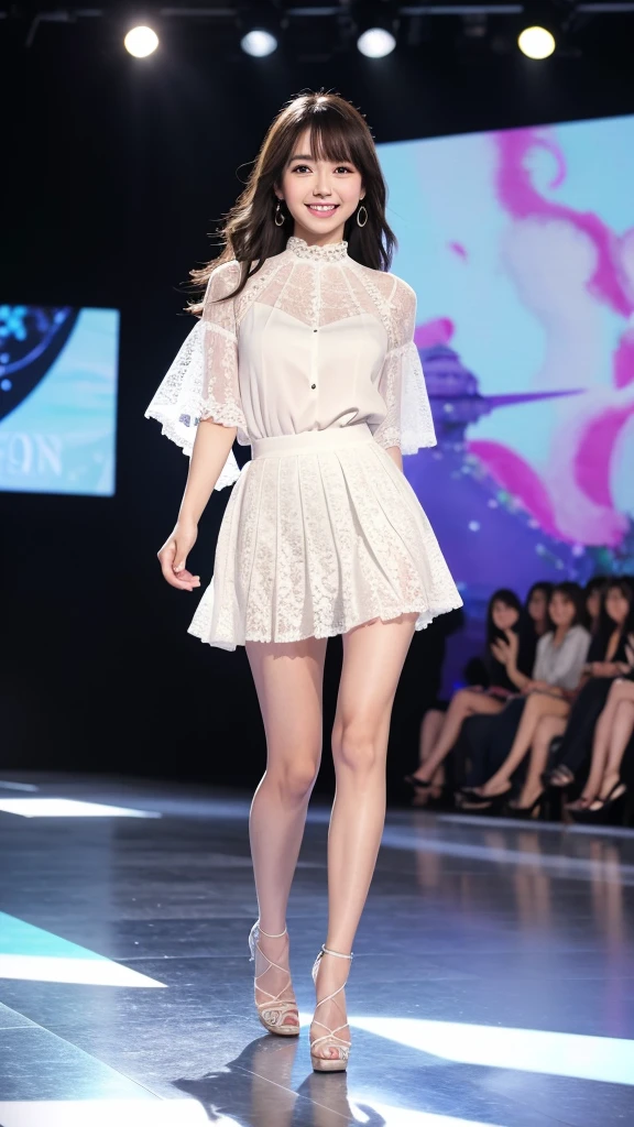 Amazingly large eyes、Smiling expression with white teeth visible、H cup bust、50cm waist、Slender and fair-skinned、Japan woman with long hair、20-year-old、Slim figure、Wearing a pleated skirt and a sheer lace blouse that flutters in the vivid breeze、Wearing high heels。On the runway at a fashion show、Her whole body was shown, from her high heels to her head, as she walked towards the viewer.、Bright, photo-quality images。
