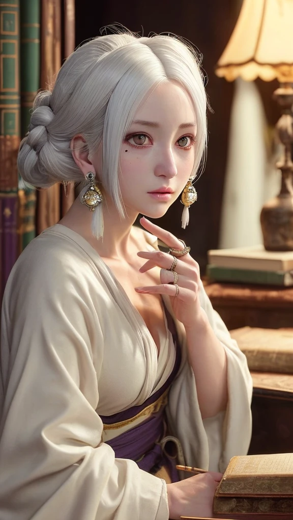 Create a highly detailed, realistic version of Yubaba from the anime movie “Spirited Away.” She should have a large head with prominent facial features, including a sharp, long nose, and a noticeable mole on her forehead. Her eyes should be expressive with a touch of makeup, showcasing purple eyeshadow. She should have elegant, white hair styled in a large bun. Yubaba should be wearing large, round earrings and multiple rings on her fingers, which are long and slightly crooked. She should be seated at a desk, surrounded by antique books, potion bottles, and a quill pen, under warm, ambient lighting. The background should include rich, ornate curtains to emphasize her opulent surroundings.