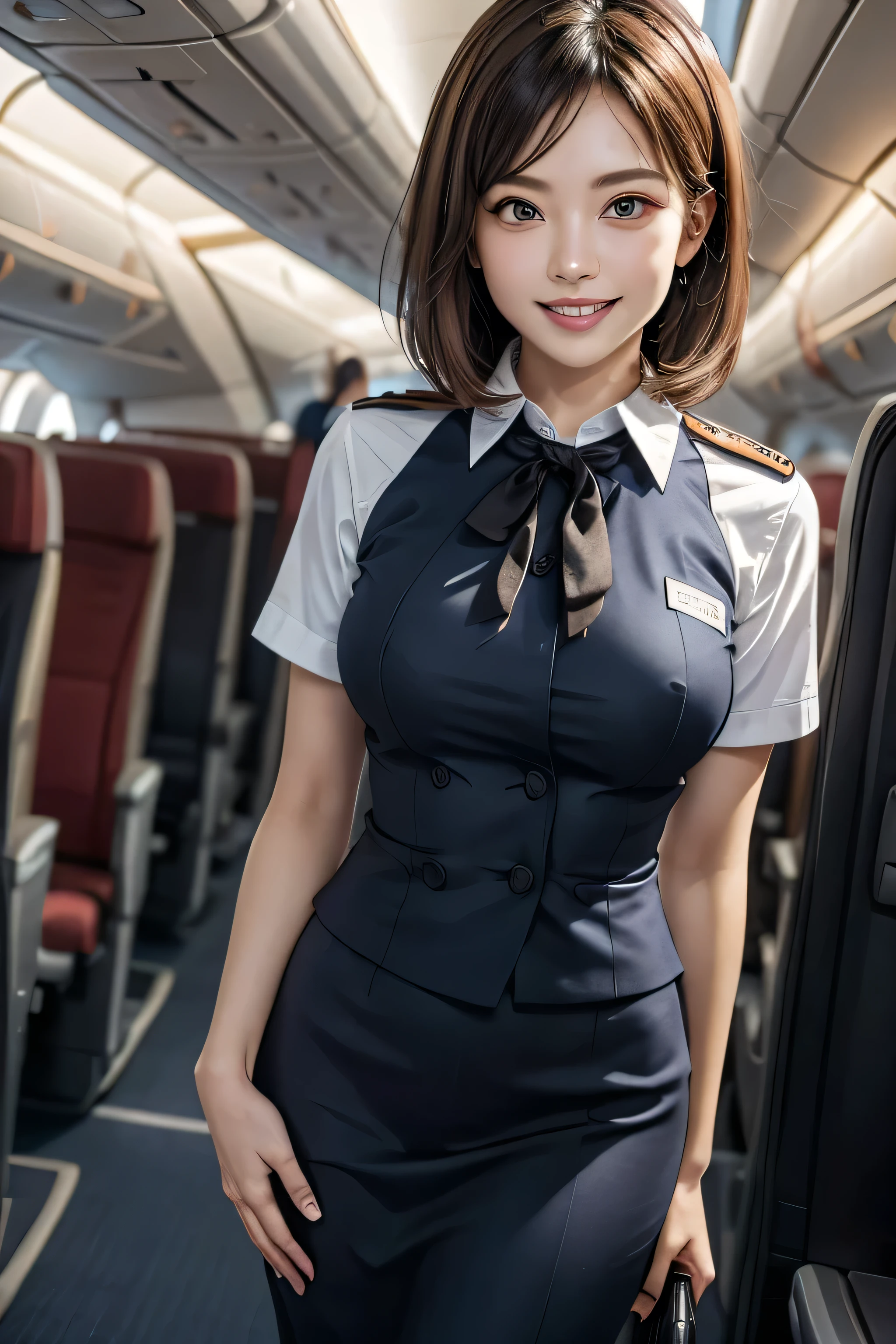 (masterpiece, Highest quality, 8K, Intricate detaileds, 超detailed, Ultra-high resolution,) 1 female, alone, A beautiful and ripe year, (Flight attendant uniform:1.4), Are standing, ((Beautiful Face)), (detailedな顔), (Perfect Teeth), double eyelid, eyelash, 唇のdetailed, Grin, (Black Short Hair), (Huge breasts), detailed, Perfect body, ((Cowboy Shot)), (background: Inside the plane)