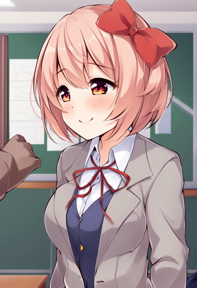 one girl, Sayori, hair bow, short hair, school blazer, DDLC, cute, smile, I stroke her head