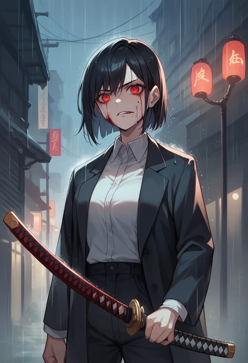 female assassin with long black hair,red eyes,There is a mole at the corner of the mouth.,Holding a katana sword,Wear a suit(The background is a rainy city at night.)bloody face