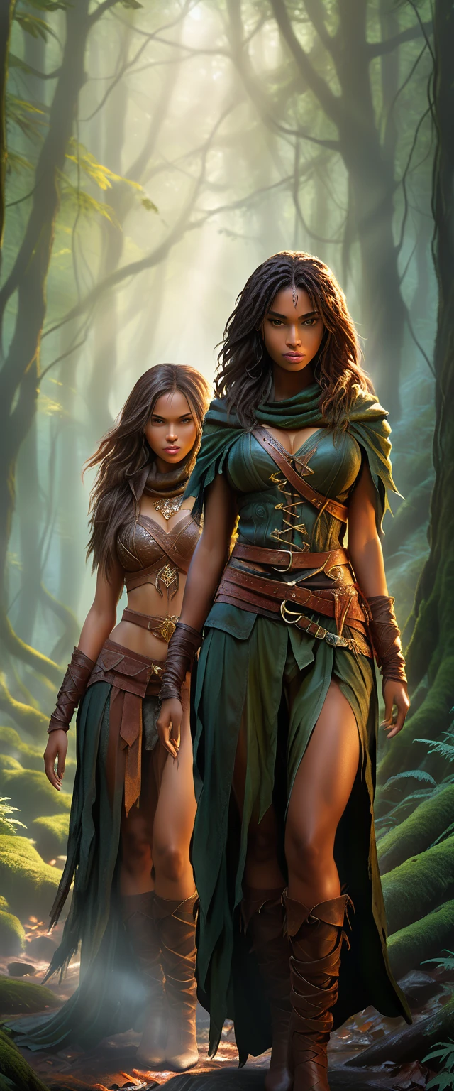 A stunningly beautiful and fierce woman with light skin and her companion, a shorter woman with darker skin, run through a deep, ancient forest. They exude a rebellious aura, with their long, flowing hair and eyes that sparkle with defiance. Dressed in a blend of rugged leather and elegant fabrics, they appear both dangerous and alluring. In their hands, they grip finely crafted swords, symbols of their strength and skill. The forest around them is dense and mysterious, with mist swirling between ancient trees, suggesting an epic journey. The lighting filters through the dense foliage, casting dramatic shadows that add to the mystery and intensity of the scene. The overall mood is one of adventure, romance, and a hint of danger.