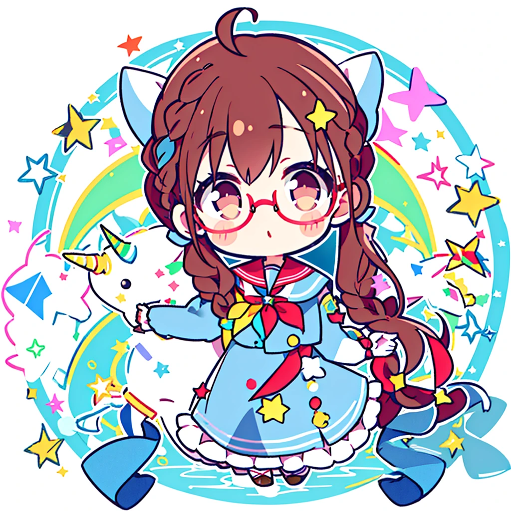 Circular emblem{star、ribbon、unicorn、candy、rainbow}、A girl with a single braided hairstyle{Glasses、Brown Hair、Brown eyes、Light blue sailor suit、Red neckerchief}