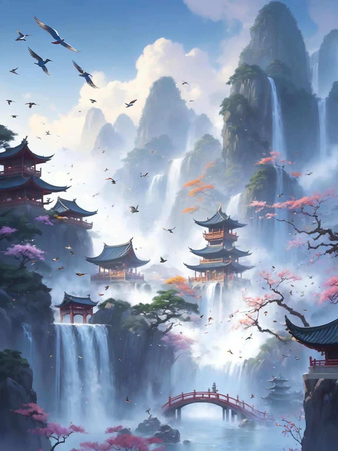 Painting of a waterfall with a pagoda and birds flying over it, Ross Chen. Landscape background, Chinese Fantasy, Amazing wallpapers, Anime Landscape wallpaper, Chinese scenery, Anime Landscape, Dreamy Chinatown, background technology, 8k high quality detailed art, Onmyoji detailed art, Traditional Japanese concept art, Japanese Fantasy, background technologywork, Fantasy art landscape, Japanese Landscape