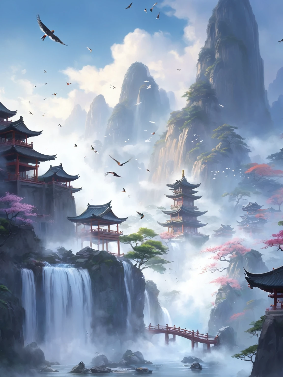Painting of a waterfall with a pagoda and birds flying over it, Ross Chen. Landscape background, Chinese Fantasy, Amazing wallpapers, Anime Landscape wallpaper, Chinese scenery, Anime Landscape, Dreamy Chinatown, background technology, 8k high quality detailed art, Onmyoji detailed art, Traditional Japanese concept art, Japanese Fantasy, background technologywork, Fantasy art landscape, Japanese Landscape