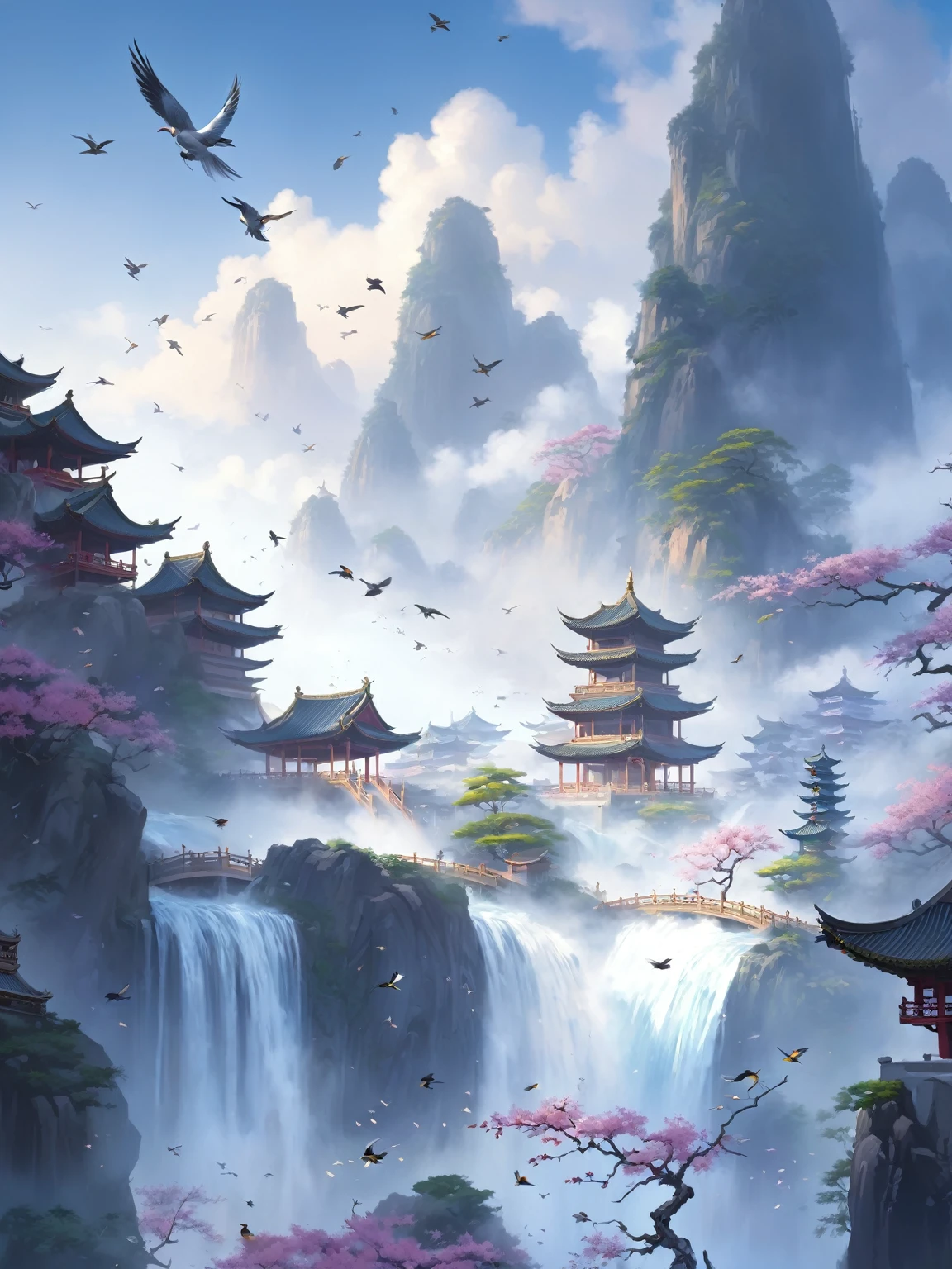 Painting of a waterfall with a pagoda and birds flying over it, Ross Chen. Landscape background, Chinese Fantasy, Amazing wallpapers, Anime Landscape wallpaper, Chinese scenery, Anime Landscape, Dreamy Chinatown, background technology, 8k high quality detailed art, Onmyoji detailed art, Traditional Japanese concept art, Japanese Fantasy, background technologywork, Fantasy art landscape, Japanese Landscape