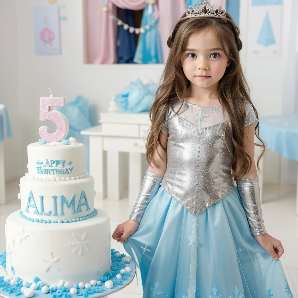 real potrait, full body, long shot, a 5 year old with long hair wearing frozen princess style clothes, was standing in front of a birthday cake, there is a candle in the shape of the number 5, There's writing "alma" , Room decoration with a Frozen movie feel