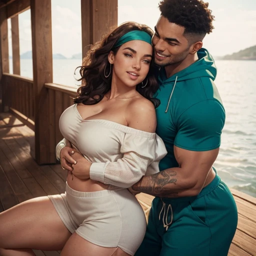 ONE tall muscular SHIRTLESS man (man: with short natural hair) with TWO beautiful women of different natural hair colors And different races doing yoga together, two women: looking at the man and hugging him competing for his love, there must be one man and two women, women: Athletic fit bodybuilding muscular 30 year old fitness athlete woman, amazingly long wavy voluminous flowing hair down her back to her thighs beautiful like a waterfall, big beautiful green eyes, MANY freckles on face and body, muscle tone, wet and glistening from sweat, wearing low-rise oversized sweatpants-shorts, ((( IMPORTANT: and a huge loose baggy oversized low-cut comfy big sweatshirt with ONE wide-neck-hole that goes all around off-shoulder and cleavage in one big swoop 1.3))), very tall socks and cute sneakers, very stylish sunglasses, wearing headphones, flowers in hair, muscle definition in shoulders and belly and legs, gorgeous neck and shoulders, curvy, juicy wide hips, thick thighs, nice big muscular ass, mature gorgeous incredible pretty face, grinning, laughing, many tattoos on her body, doing yoga on a private beach in the morning, yoga mat, Instagram model, (((small breasts 1.3))), (((and bokeh and incredible colors and professional photographer with a sense of the dynamic and having depth 1.3 ))) k, SFW, abs,photorealistic,super long hair, incredible outfit that makes sense practically and beautifully for an autumn morning when it's sunny but a little windy, , headband, all clothes are one color,