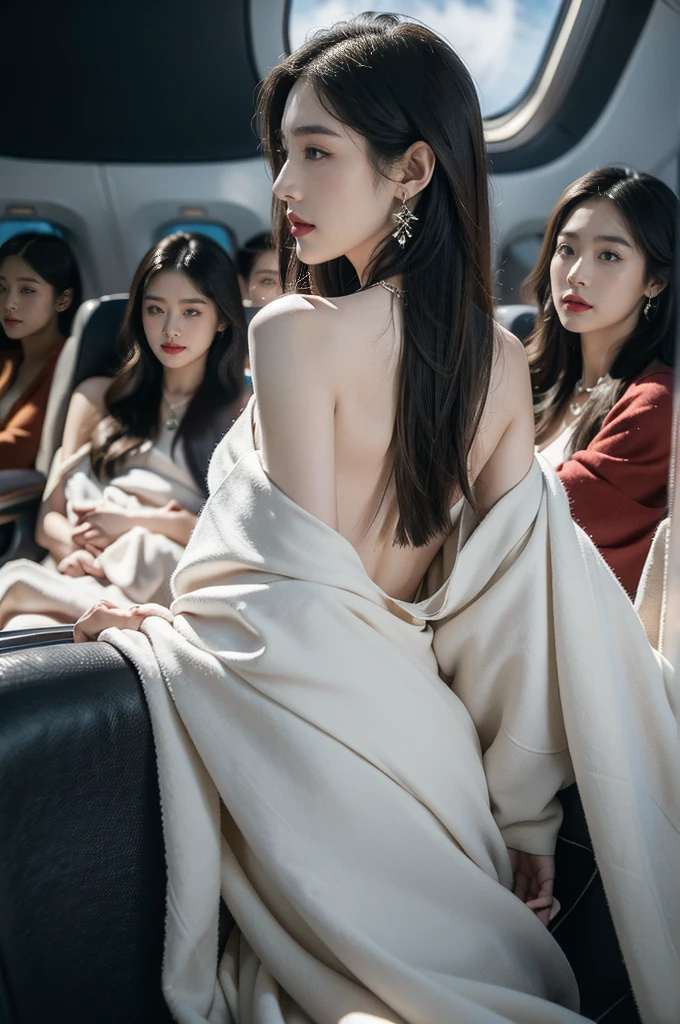 (((best quality))),(((ultra detailed))),(((masterpiece))),illustration,(a beautiful girl,female passenger,solo),(parted red lips),((slim,thin)),((bare back,towering hips,butt crack)),((earrings,crystal necklace)),(slender legs:1.2),(sitting on the seat:1.2),summer night,((in airplane,economy class,indoor)),(blanket over shoulders:1.3),((dress)),(shoulder length straight bob hair:1.2),stars,moonlight,smooth flight,engine sound,lullaby,relaxed,excited,laughing,visiting family,comfortable seats,soft fabric,headrests,adjustable,beauty of night sky,dimmed lights,sleeping passengers,movies,personal screens,staying awake,magic of sky,joy of being with family,memorable journey,adventures,(surrounded by crowded crowds:1.3),(Outside the window is high-altitude night view:1.2),((from back,upper body))