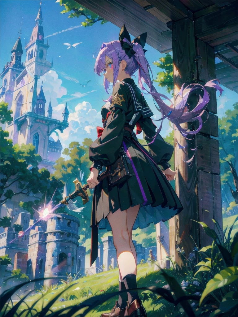 1 girl, Solo, Short Girl, Lolita, Highly detailed purple hair with purple tips, crystal hair, back twin tails, 美しい深いgreen grassい目, cross-shaped pupils, Eyes oozing red mist, Glowing eyes, Small breasts, intricate black、green grass、gray crop_There is a thread on the top, wears armored arms, thread costume, Mini skirt, Short black socks, has a weapon like a bow, fantasy style brown shoes, Intensive manifestation, aim with a weapon, Side view, Forest in the background