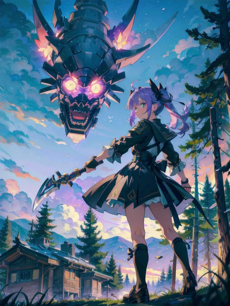 1 girl, Solo, Short Girl, Lolita, Highly detailed purple hair with purple tips, crystal hair, back twin tails, 美しい深いgreen grassい目, cross-shaped pupils, Eyes oozing red mist, Glowing eyes, Small breasts, intricate black、green grass、gray crop_There is a thread on the top, wears armored arms, thread costume, Mini skirt, Short black socks, has a weapon like a bow, fantasy style brown shoes, Intensive manifestation, aim with a weapon, Side view, Forest in the background