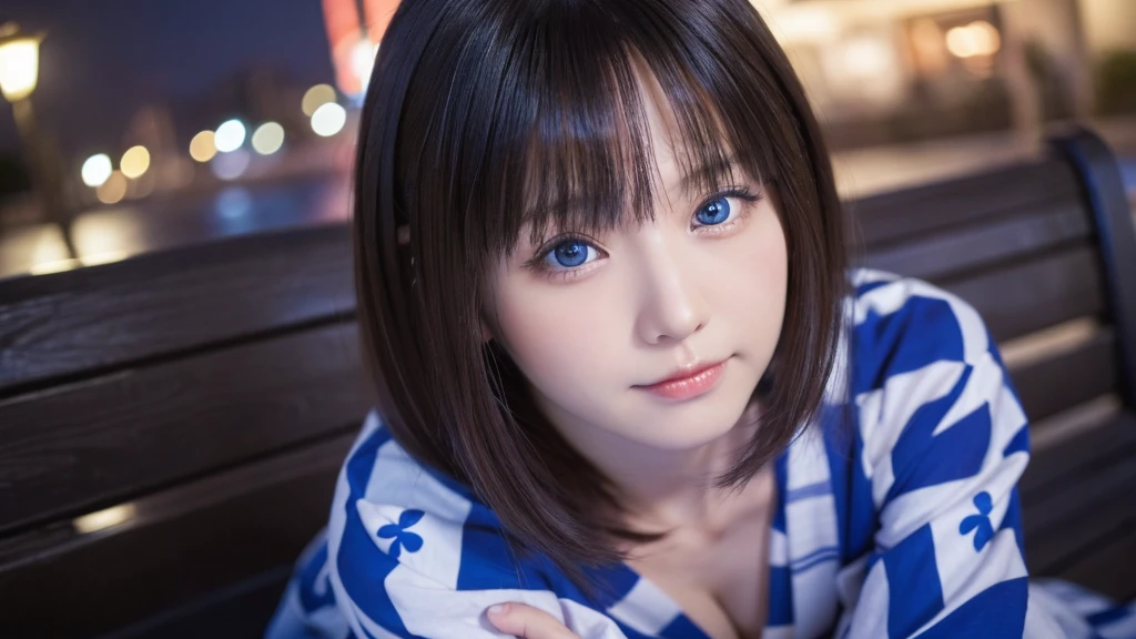 ((alone,waist shot),masterpiece,Highest quality,High resolution,Realistic, photo Realistic,knee shot,Detailed skin details),Cleavage, Japanese,Beautiful woman,Alluring,yukata,Blue Eyes,Big Eyes,Shiny eyes,Fuller lips,Black Hair,Long Hair,Sitting on a bench in the moonlight