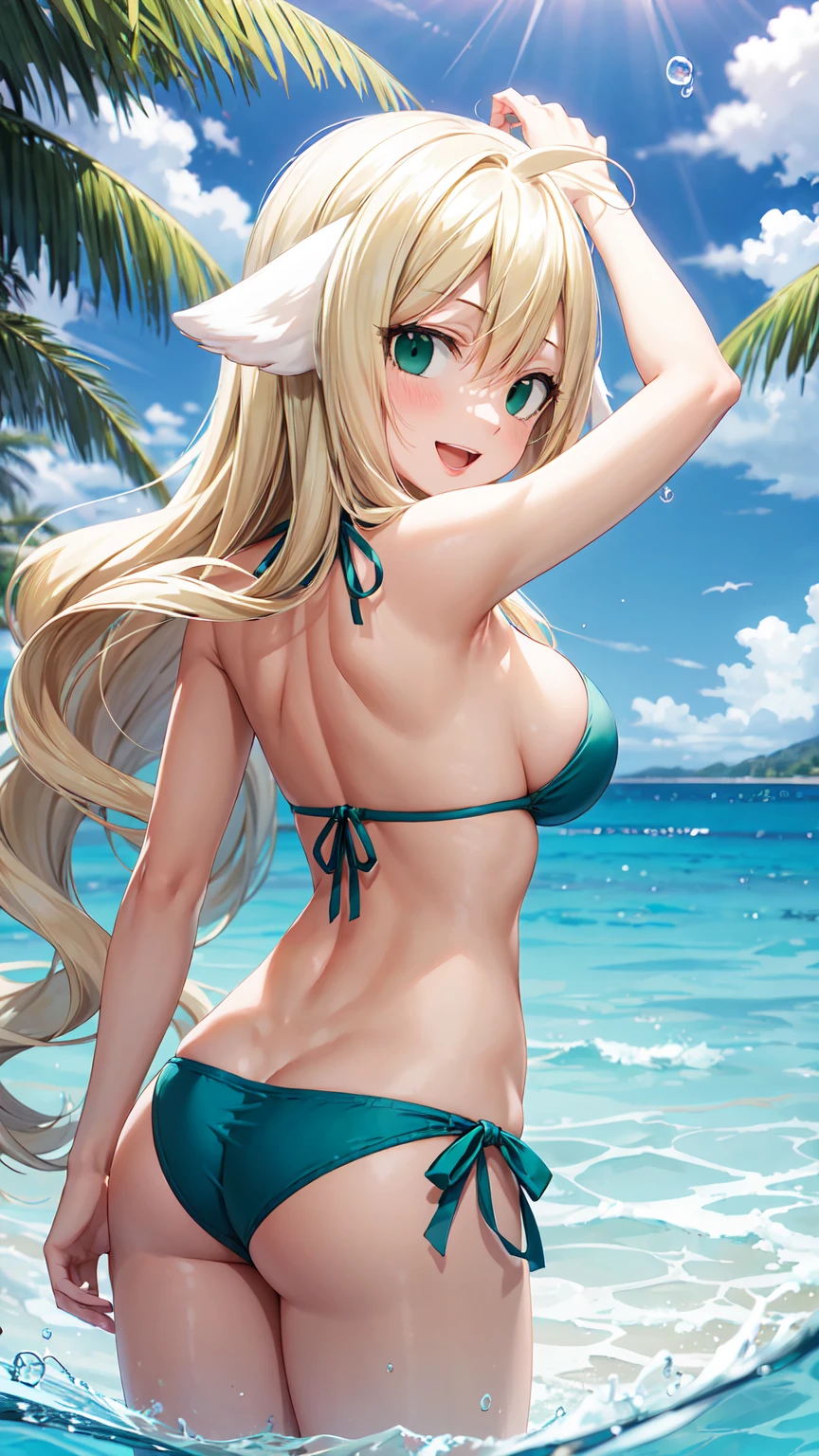 Masterpiece ,best quality , high resolution , (1 girl solo:1.38) , (mavis , long hair, blonde hair, (green eyes:1.5), ahoge, wavy hair, animal ears,) , (cleavage:1.2) , (medium breast:1.28) , (wear , bikini , strong wind , big wing ,  head tilt ) , (raise arm , arm up , armpit) , (cleavage:1.15) , (big breast:1.1) , (face view , look at view , back view , from behind , look back , head back , smile , open mouth) , (cowboy_shot , standing ) , (outdoor , in water , droplet , in sea , ocean , beach)