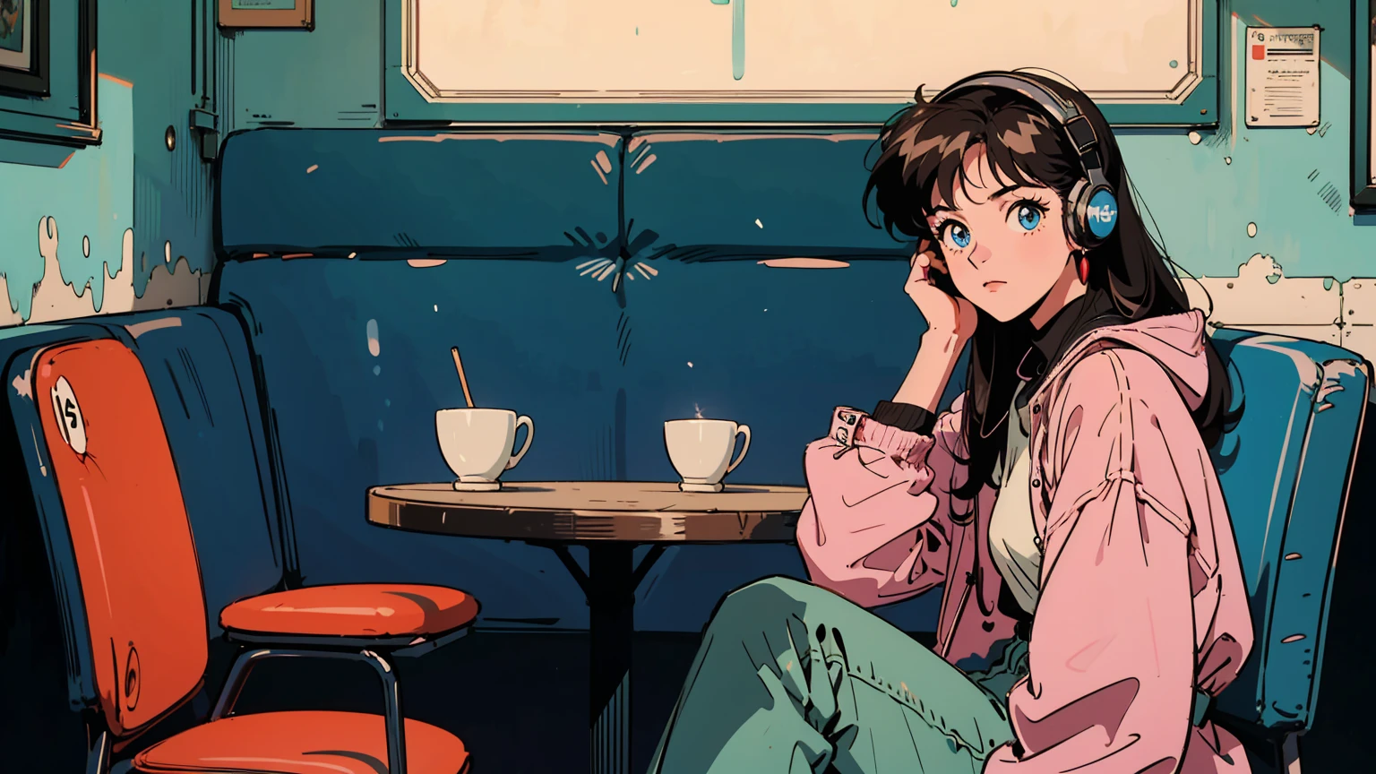 Best image quality, 90s style anime, 21 year old girl, Black Hair, Long Hair, Light brown eyes, Wearing a loose parka, 90s fashion, In a trendy urban café, a 17-year-old girl dressed in casual jeans and a simple top is wearing headphones, focused on the notebook spread out on the table. Her black hair and striking blue eyes stand out, as the bright natural light from the café envelops her