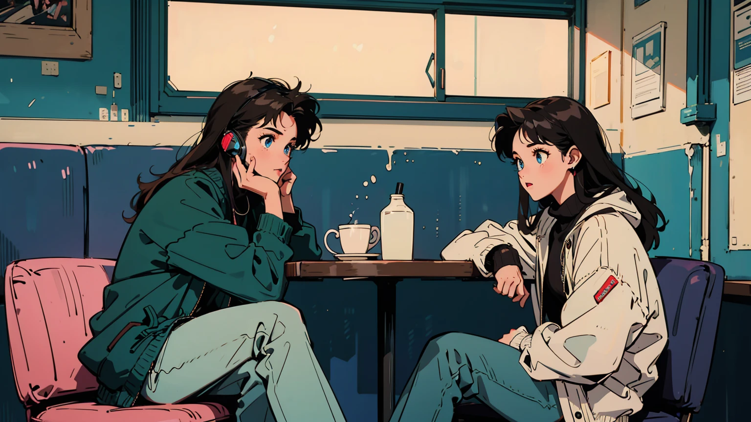 Best image quality, 90s style anime, 21 year old girl, Black Hair, Long Hair, Light brown eyes, Wearing a loose parka, 90s fashion, In a trendy urban café, a 17-year-old girl dressed in casual jeans and a simple top is wearing headphones, focused on the notebook spread out on the table. Her black hair and striking blue eyes stand out, as the bright natural light from the café envelops her