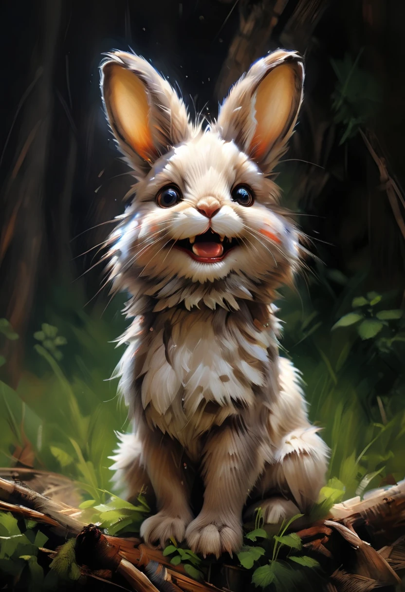 *Masterpiece Illustration a painting of a Rabbit with a smile on it's face (Show your teeth),zhibi, funy cartoon, cgi art, inspired by Mort Künstler, exaggerated expression, black background hyperrealism, by Václav Brožík, insane face, by Koloman Sokol, serious cartoon, cgi society, author unknown, incredulous, cartoon texture, high quality ultra detailed illustration, 16k, cartooneffects one