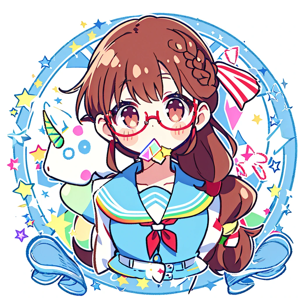 Circular emblem{star、ribbon、unicorn、candy、rainbow}、A girl with a single braided hairstyle{Glasses、Brown Hair、Brown eyes、Light blue sailor suit、Red neckerchief}