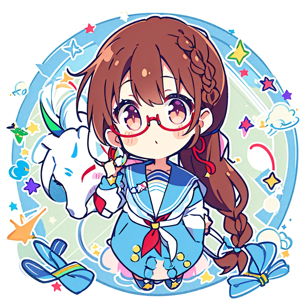 Circular emblem{star、ribbon、unicorn、candy、rainbow}、A girl with a single braided hairstyle{Glasses、Brown Hair、Brown eyes、Light blue sailor suit、Red neckerchief}