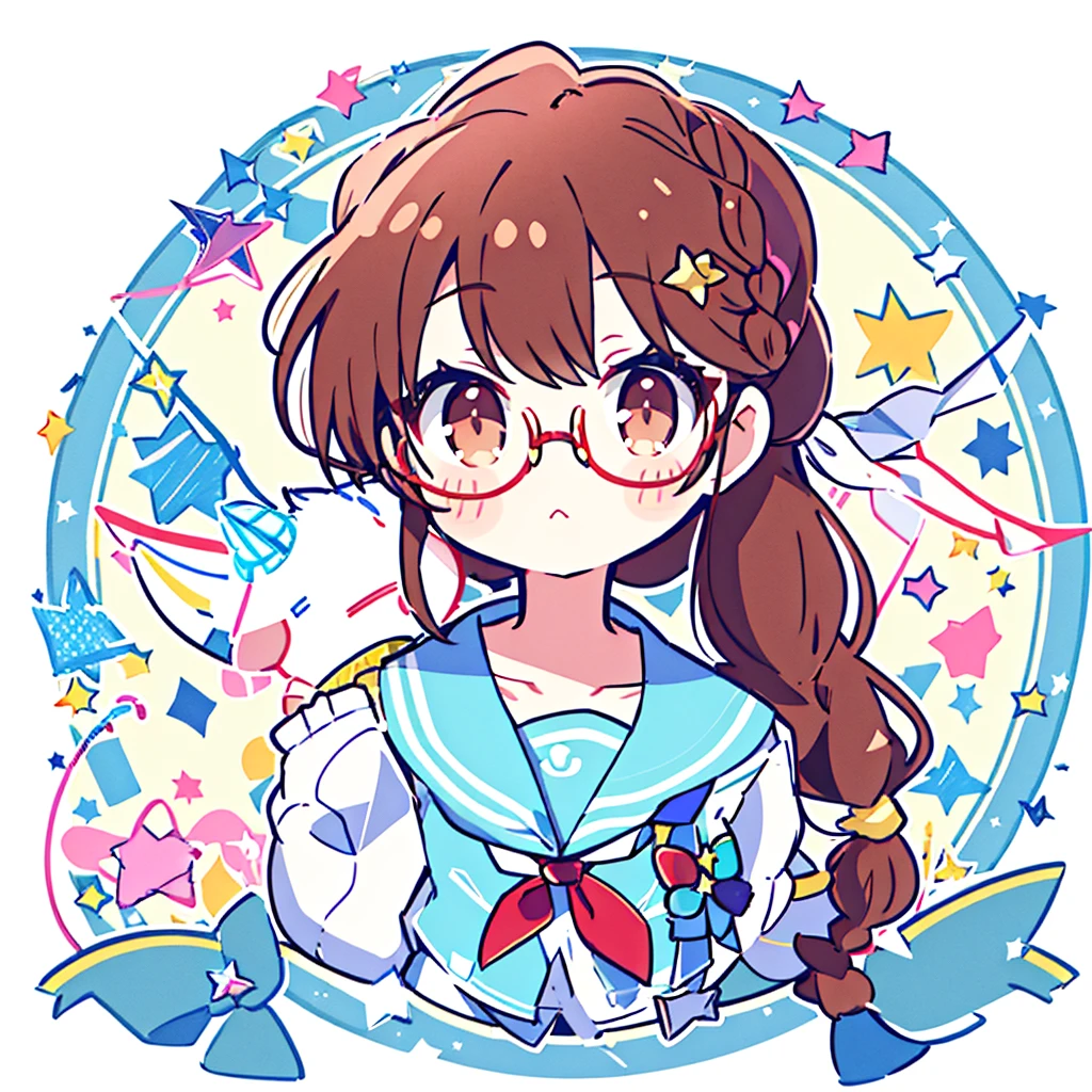Circular emblem{star、ribbon、unicorn、candy、rainbow}、A girl with a single braided hairstyle{Glasses、Brown Hair、Brown eyes、Light blue sailor suit、Red neckerchief}
