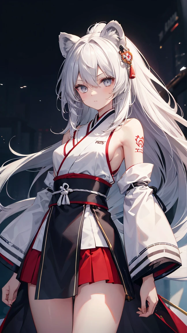 High resolution、Girl、Silver Hair、Long Hair,(),Lion ears、Grey Eyes、Slender、Toned body、Samurai,fencer,Tattoo,