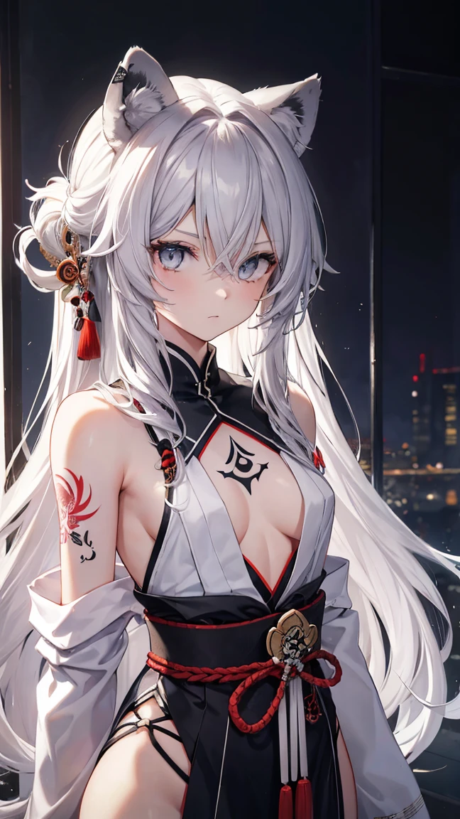 High resolution、Girl、Silver Hair、Long Hair,(),Lion ears、Grey Eyes、Slender、Toned body、Samurai,fencer,Tattoo,