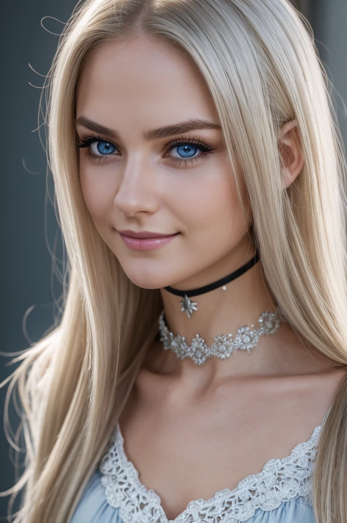 4k, 8k, ultra highres, raw photo in hdr, sharp focus, intricate texture,realistic, detailed facial features, highly detailed face, posing,perfect lighting,long hair,makeup,close-up,choker, shy smile,Dollblush2,blonde platinum hair, sharp jawline, cute face, small nose, blue eyes, pale skin