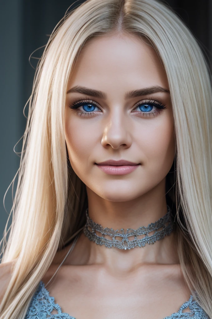 4k, 8k, ultra highres, raw photo in hdr, sharp focus, intricate texture,realistic, detailed facial features, highly detailed face, posing,perfect lighting,long hair,makeup,close-up,choker, shy smile,Dollblush2,blonde platinum hair, sharp jawline, cute face, small nose, blue eyes, pale skin