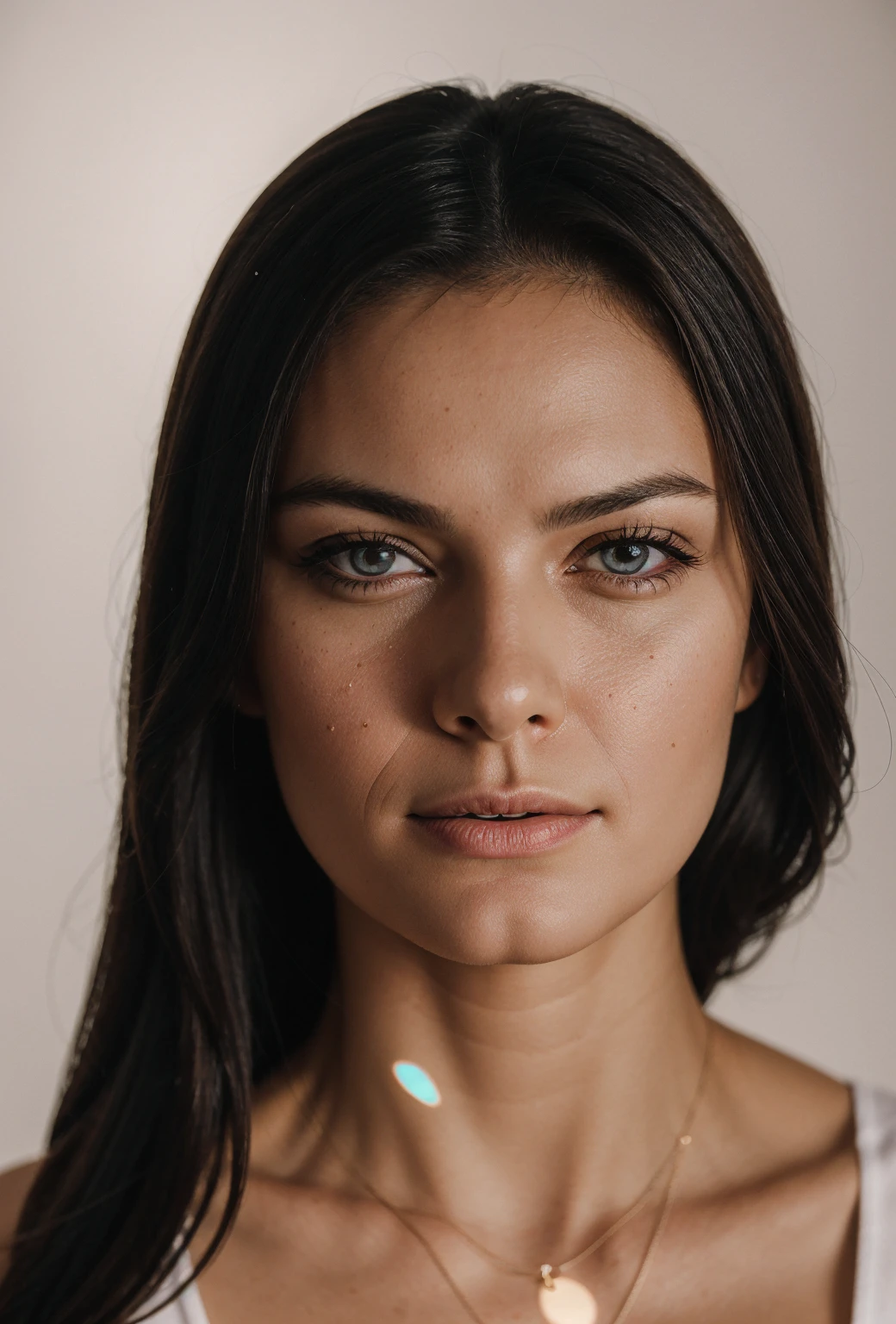 Generate an image of a portrait in studio with high key lighting, using soft light from a softbox positioned at 45 degrees to the subject, white background, with the subject centered and in sharp focus.