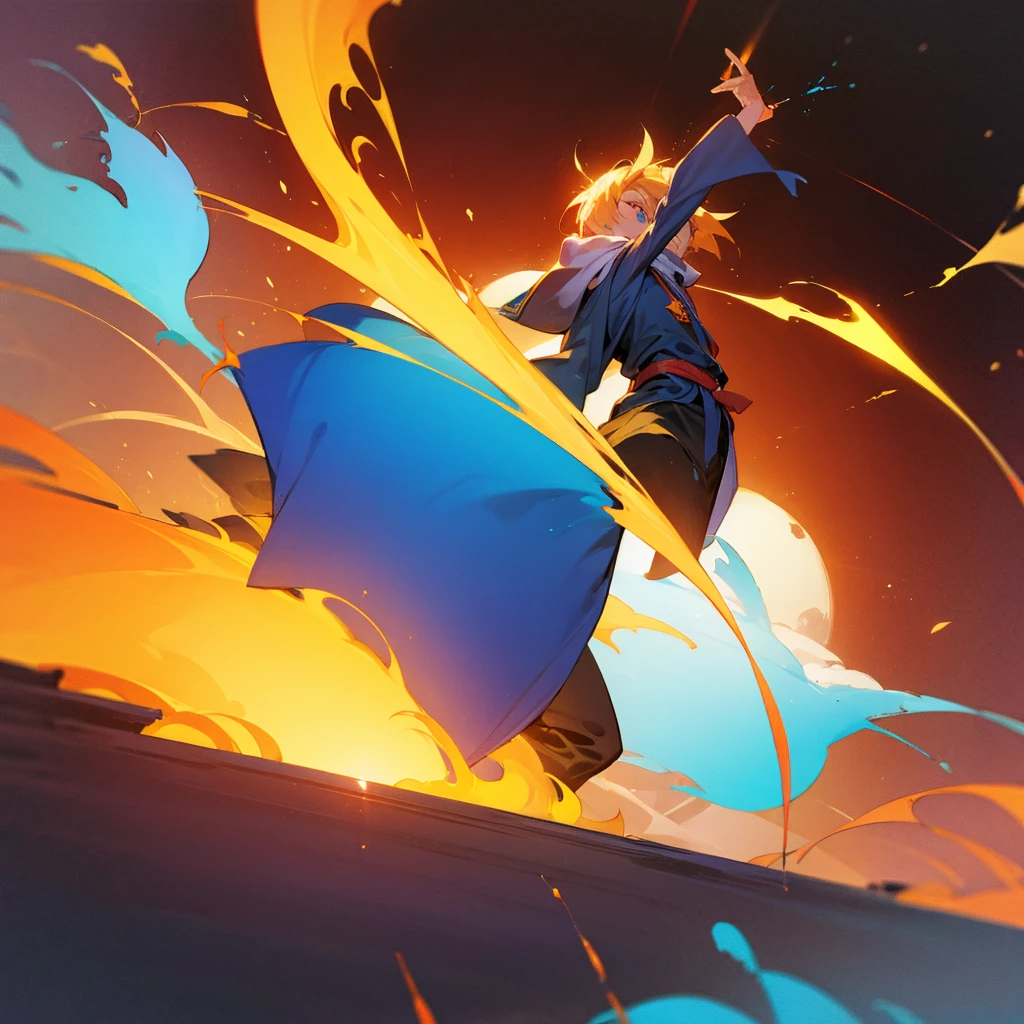 Create a 10 year old boy named Sun who has an orange wizard&#39;s hat, an orange cloak, a very cute smile, a very cute young face and a sun god&#39;s staff that has the power to completely dominate fire