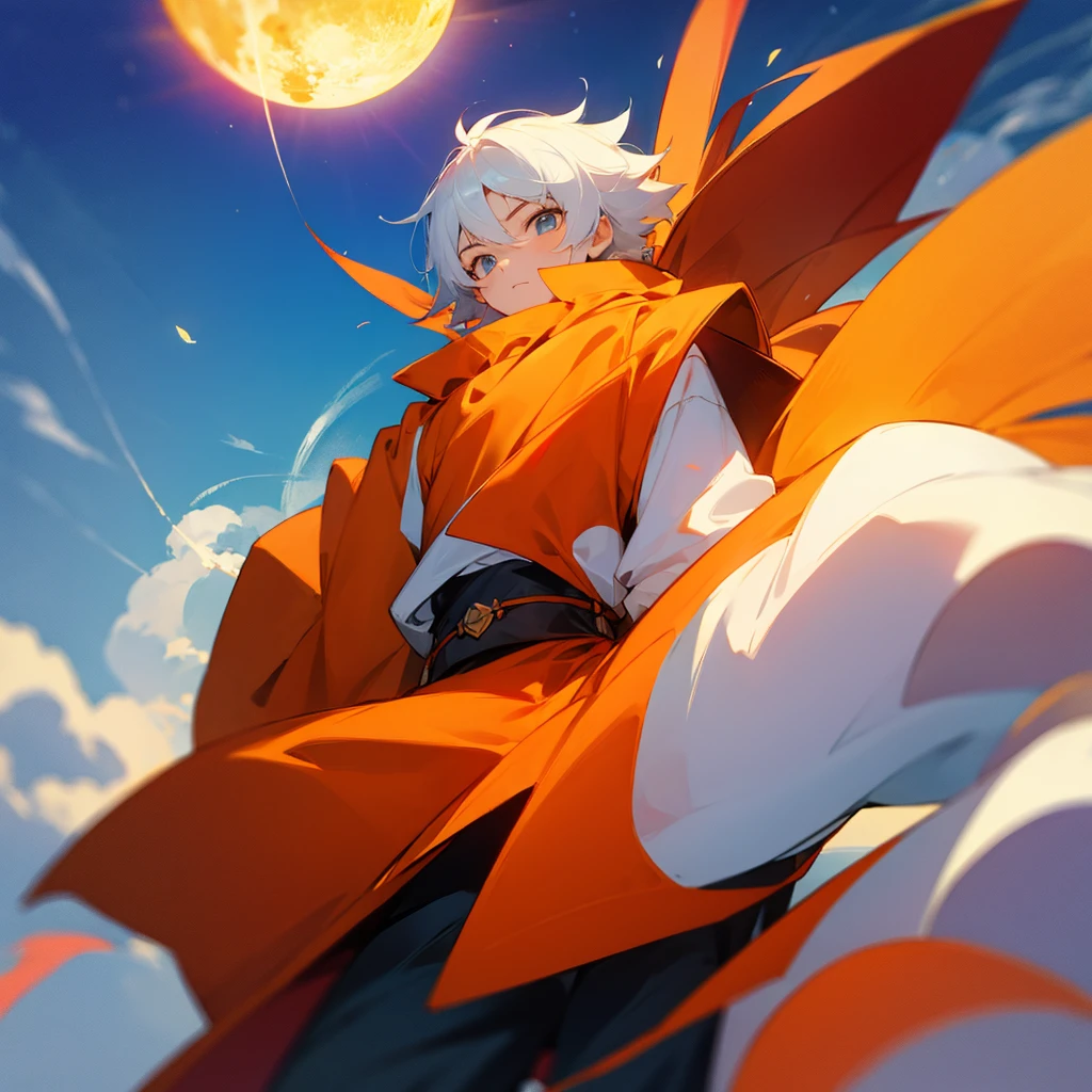 Create a 10 year old boy named Sun who has an orange wizard's hat, an orange cloak, a very cute smile, a very cute young face and a sun god's staff that has the power to completely dominate fire