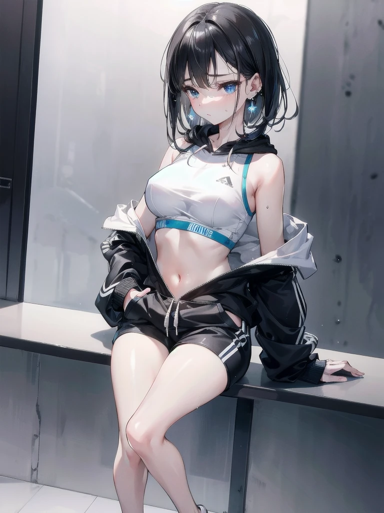 absurdres, RAW photo, extremely delicate and beautiful, masterpiece, Best Quality, ultra high resolution, 32k, hyperrealistic, ultra-detailed, in her 20s, delicate facial features, tearful mole, earring, medium breasts, full body shot, shorter middle hair, black hair, wet clothes, tracksuit shorts, Lightweight hoodie, crop top,