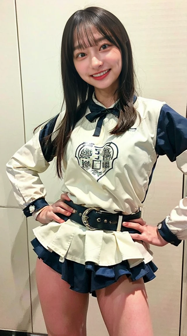 (8K、RAW Photos、Highest quality、masterpiece:1.2)、(Realistic、Photorealistic)、1 Girl、((Swimwear、I can see your feet、Stand with hands on hips、shower room、belt、Big Breasts、こちらを向いてsmile、Stand with your feet apart、、Lots of eyelashes、Add shine to your eyelids、skeletally correct、smile、Stand with hands on hips、