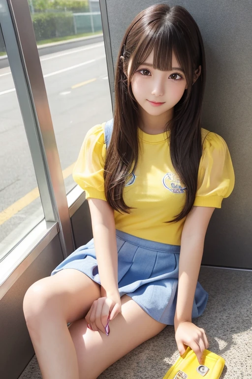 Cute Girls、high school girl、Idol、Yellow mini skirt、See-through、sit