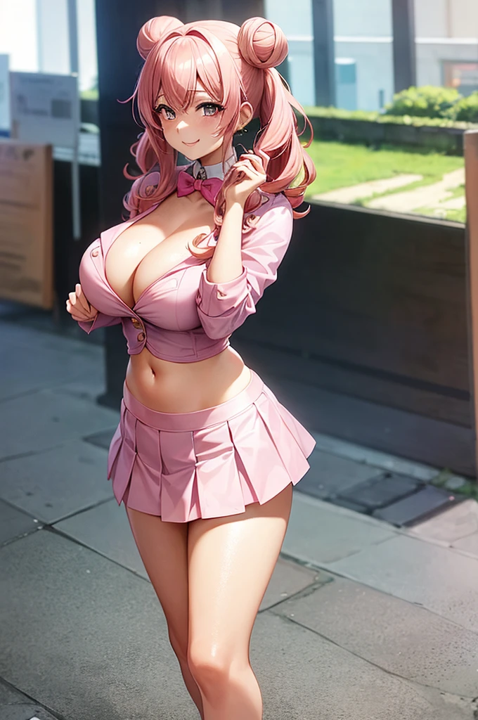 one woman, pink hair, gyaru, canine, aquamarine eyes, Double bun , navel, manicure, curly long hair, neat white uniform, piercer, smiling mouth, cleavage, cute, short pink skirt, very large breasts