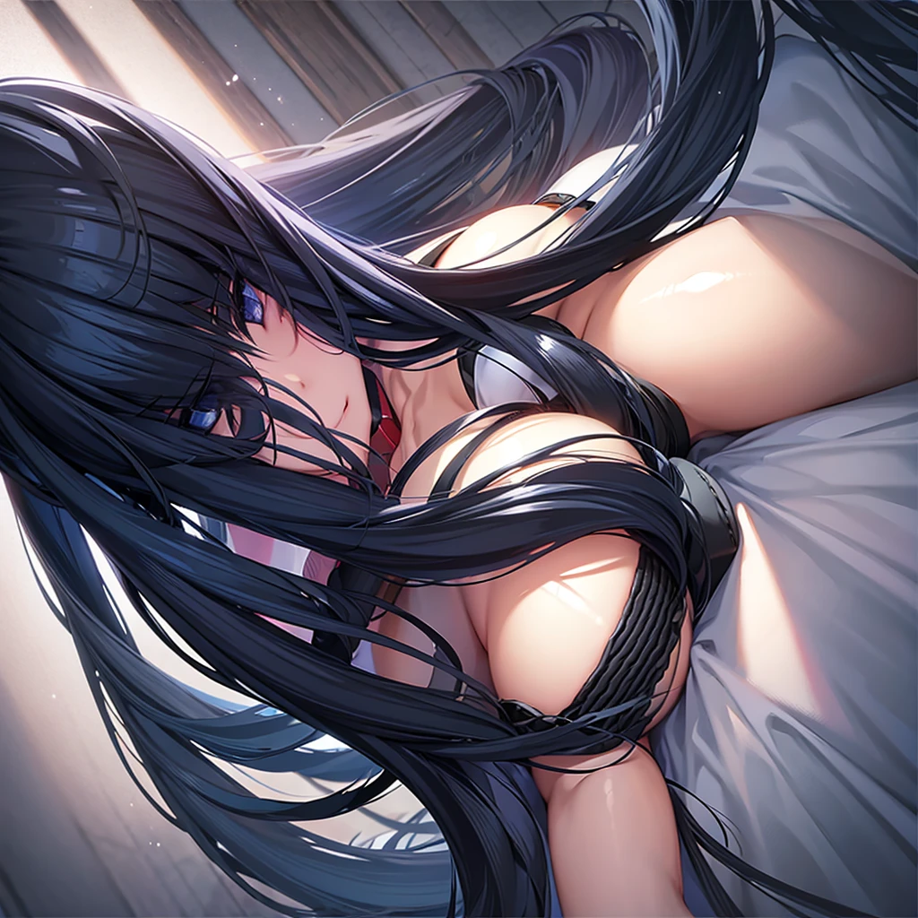Anime, long hair, black hair, blue eyes, blush, large breasts, bedroom,