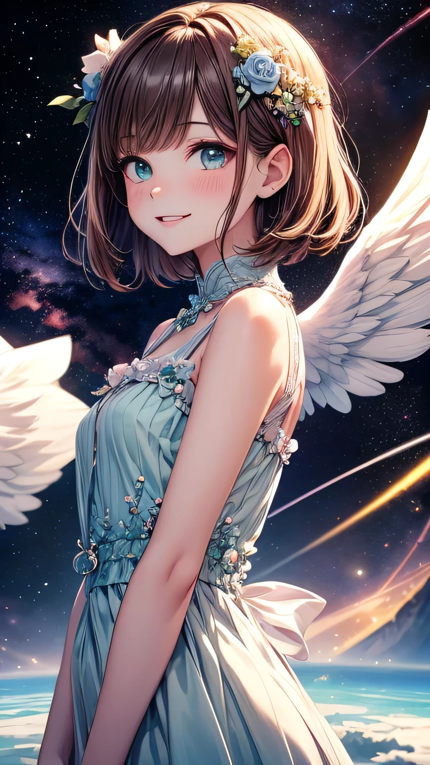 Highest quality, Pastel drawing, Serene atmosphere, Twin girl angels, cute, White Wings, Laughing happily, Brown short hair in various colors, Blue-eyed person, Green-eyed person, Dresses in different colors, Flower Hair Ornaments, Upper Body, Looking at the audience, space, meteor, Light,