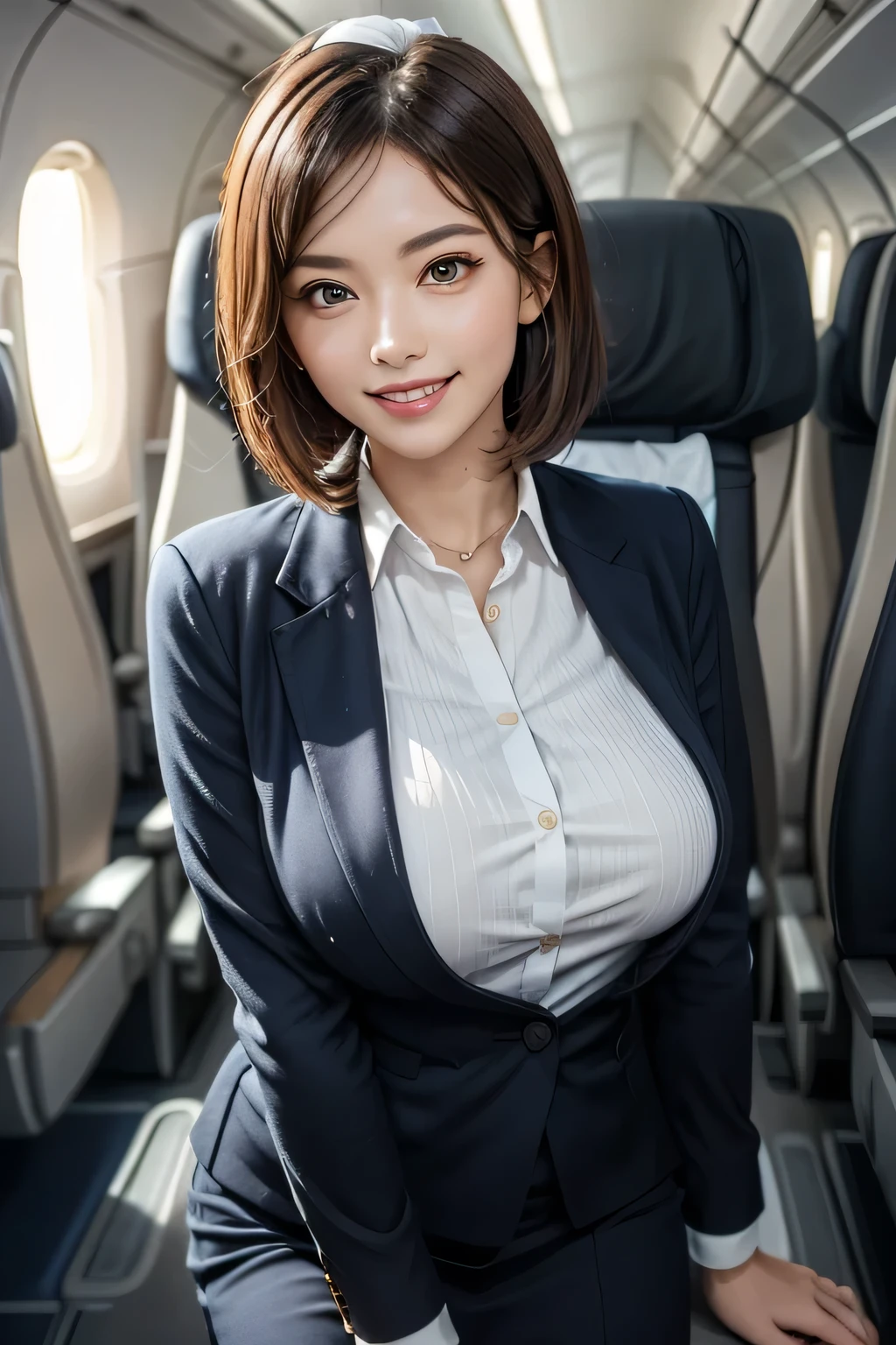 (masterpiece, Highest quality, 8K, Intricate detaileds, 超detailed, Ultra-high resolution,) 1 female, alone, A beautiful and ripe year, (Flight attendant uniform:1.4), Are standing, ((Beautiful Face)), (detailedな顔), (Perfect Teeth), double eyelid, eyelash, 唇のdetailed, Grin, (Black Short Hair), (Huge breasts), detailed, Perfect body, ((Cowboy Shot)), (background: Inside the plane)