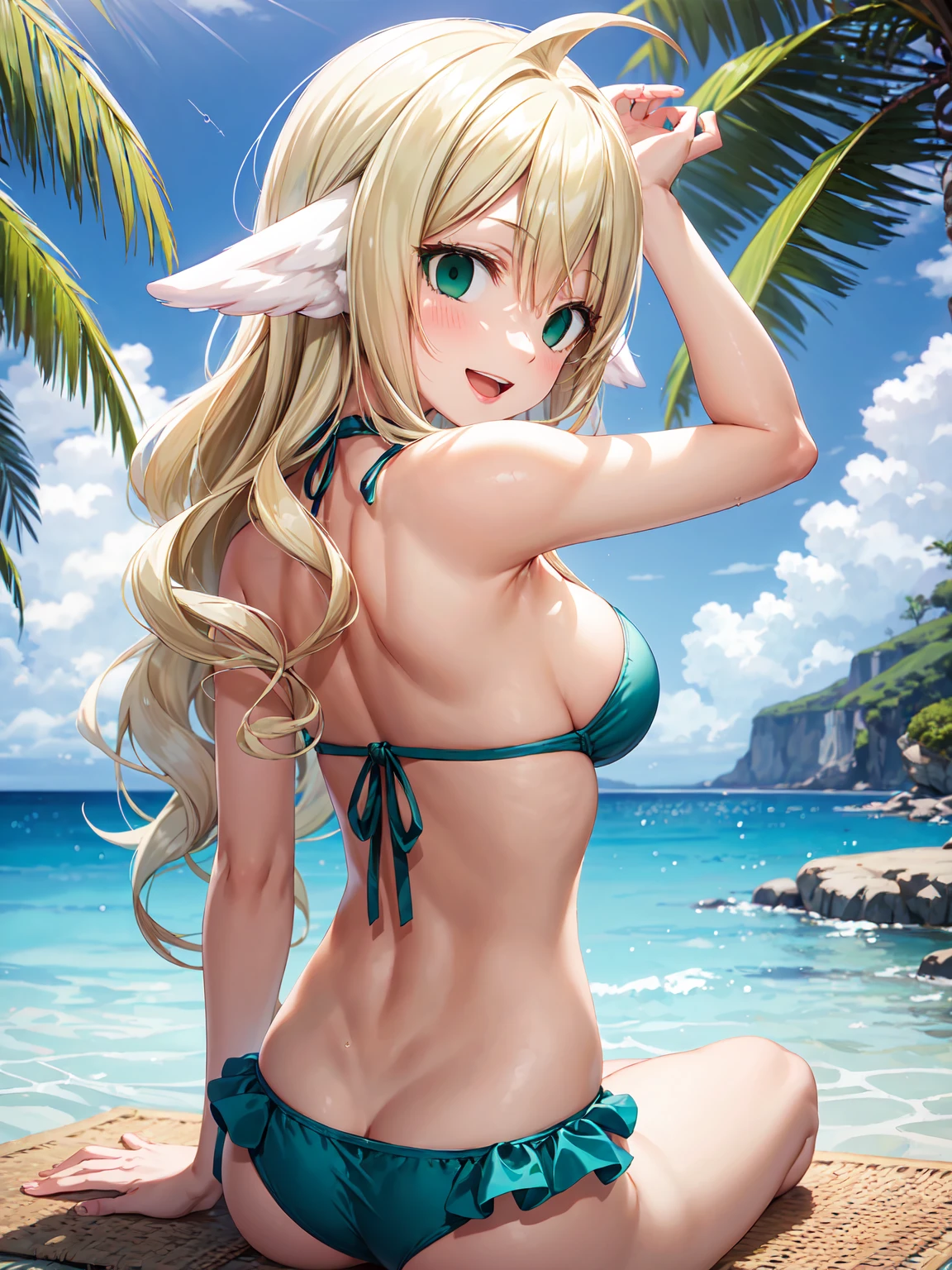 Masterpiece ,best quality , high resolution , (1 girl solo:1.38) , (mavis , long hair, blonde hair, (green eyes:1.5), ahoge, wavy hair, animal ears,) , (cleavage:1.2) , (medium breast:1.28) , (wear , bikini , strong wind , big wing ,  head tilt ) , (raise arm , arm up , armpit) , (cleavage:1.15) , (big breast:1.1) , (face view , look at view , back view , from behind , look back , head back , smile , open mouth) , (sitting on mat) , (outdoor , in water , droplet , in sea , ocean , beach)