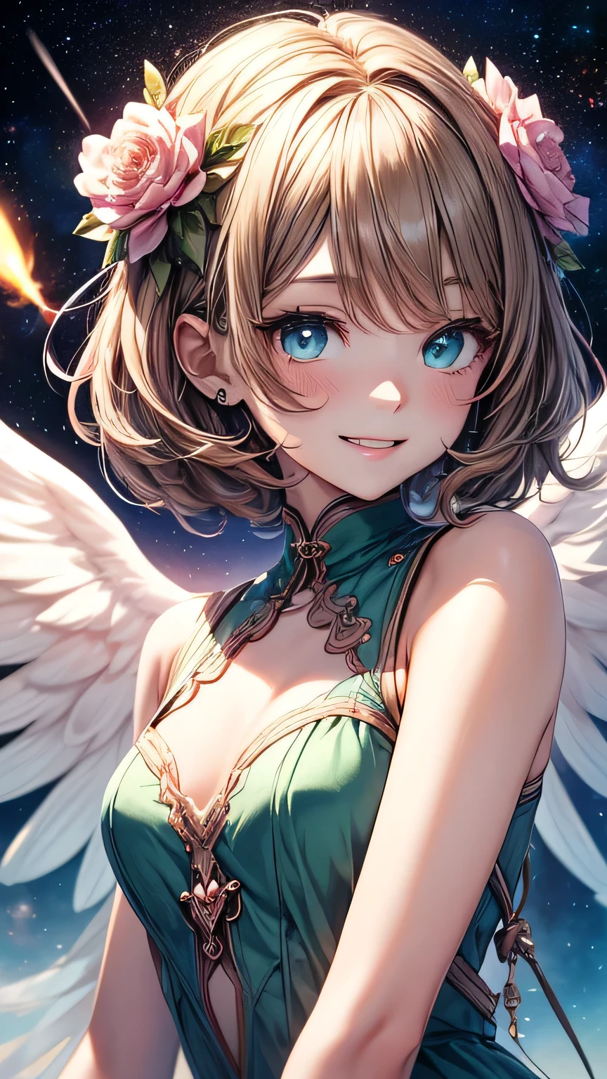 Highest quality, Pastel drawing, Serene atmosphere, Twin girl angels, cute, White Wings, Laughing happily, Brown short hair in various colors, Blue-eyed person, Green-eyed person, Dresses in different colors, Flower Hair Ornaments, Upper Body, Looking at the audience, space, meteor, Light,