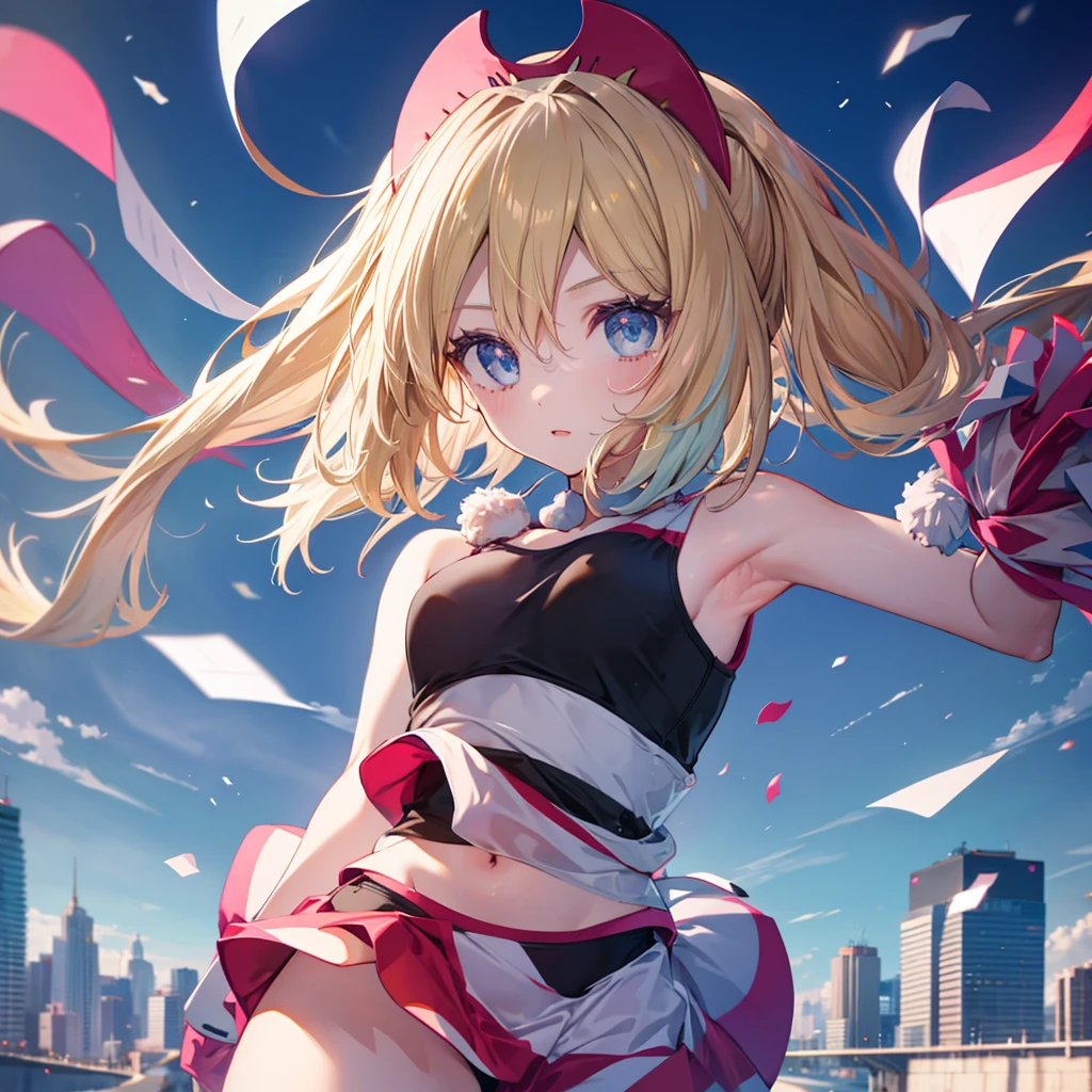 Perfect Anatomy, from the front, Cheerleader, High quality eyes, pretty girl, Peeking from below、Beautiful cityscape