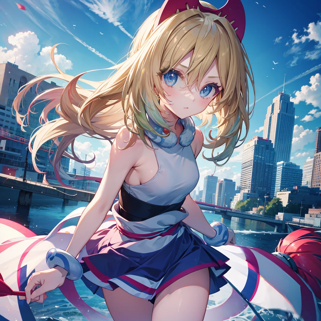 Perfect Anatomy, from the front, Cheerleader, High quality eyes, pretty girl, Peeking from below、Beautiful cityscape