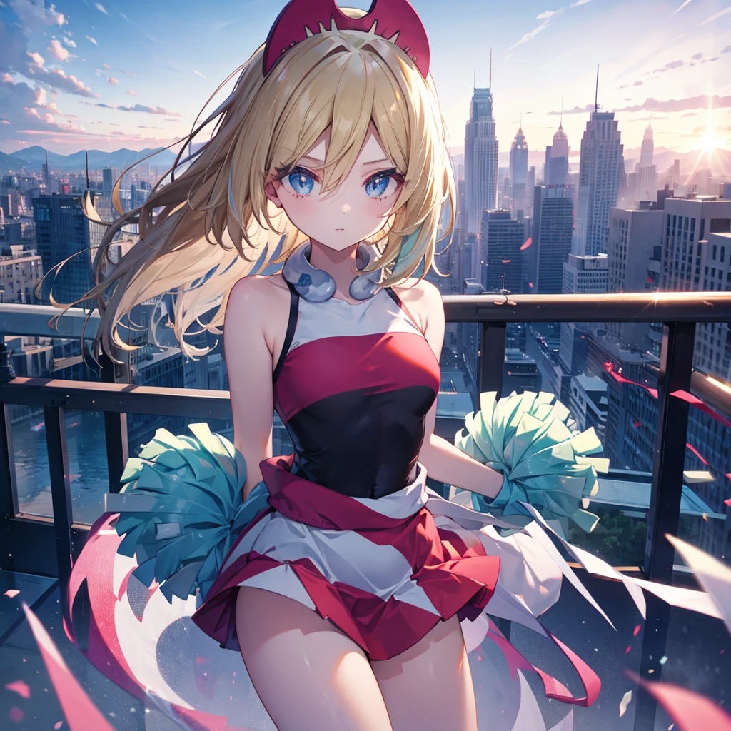 Perfect Anatomy, from the front, Cheerleader, High quality eyes, pretty girl, Peeking from below、Beautiful cityscape