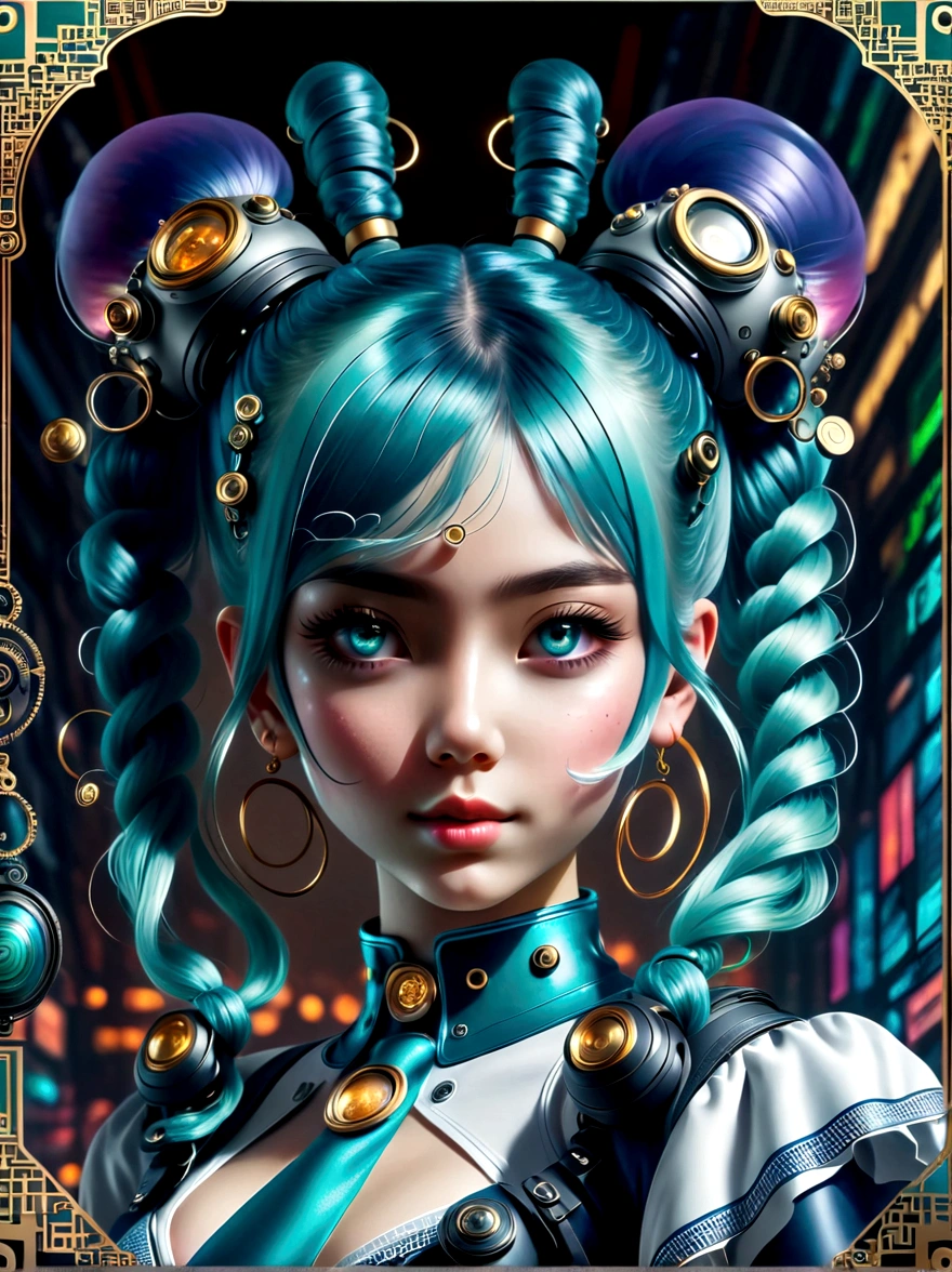 (A young woman with teal blue hair styled in twin pigtails:1.5), She is wearing a futuristic outfit comprised of an electronic-themed dress. Her headband consists of a square design emblem with ribbons dangling from it. The color palette includes shades of teal, black, and white, with an overall colorful and vibrant tone,((Looking directly at the audience,first-person view, ass pov))