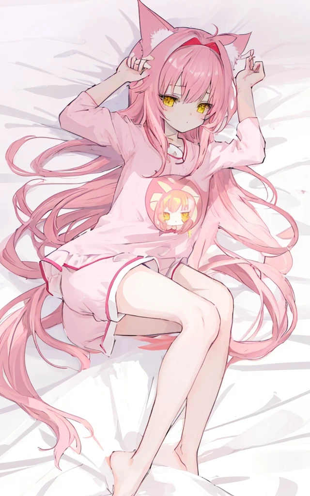 cute anime girl with long pink hair and yellow eyes, on bed, size, short height, slim body, wearing sleeping outfit and cat headband.
